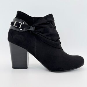 LAURA ASHLEY La Grand Ankle Bootie‎ 7.5 Black Ruched Buckle Block Heel Evening